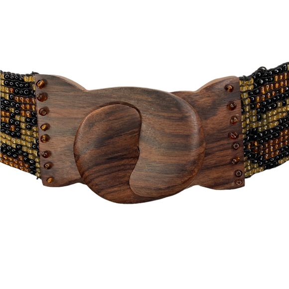 ABOUT COLOR Vintage Leopard Animal Print Wide Beaded Belt Wood Clasp Buckle, S/M - Picture 7 of 11